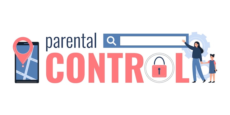 Vetor grátis composição plana de controle parental de ícones de texto da barra de pesquisa de bloqueio de smartphone com ilustração vetorial de mãe e filha