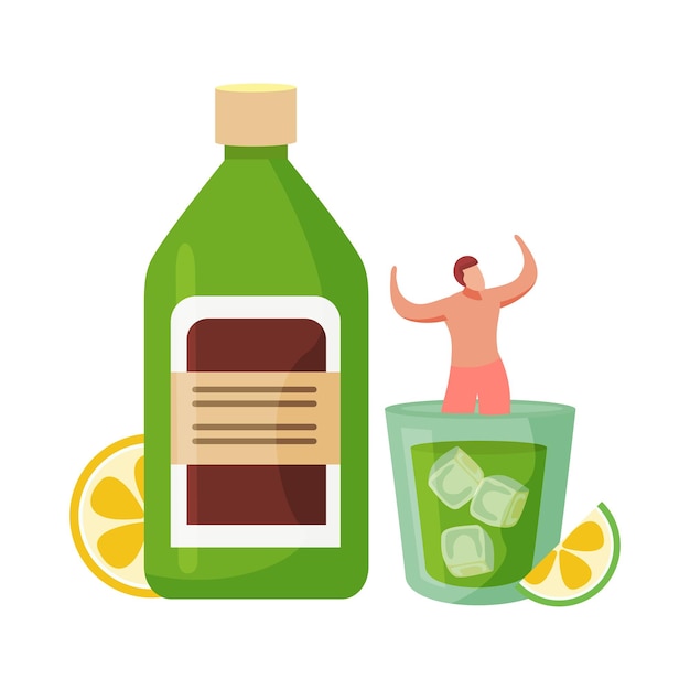 Composição plana de coquetéis de bebidas alcoólicas com homem flutuando em um copo de coquetel com garrafa verde