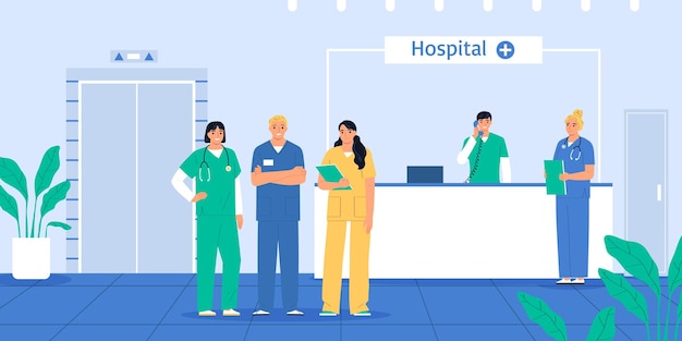 Vetor grátis composição plana de enfermeiras com equipe médica na ilustração do vetor de recepção do hospital