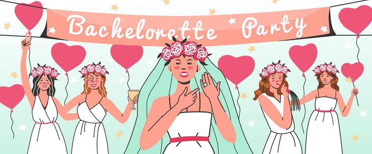 Vetor grátis composição plana de festa de despedida de solteira com personagens femininas estilo doodle com balões e ilustração vetorial de texto ornamentado