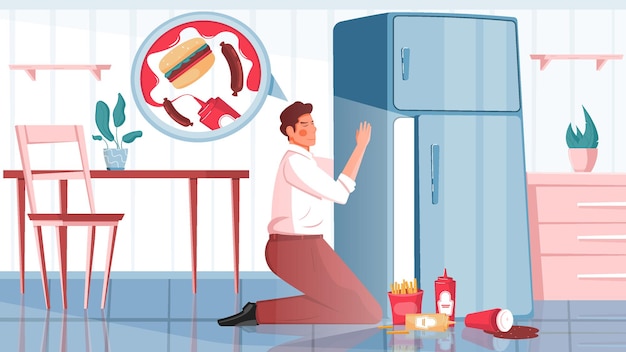 Composição plana de gula com vista de cozinha com homem ao lado da geladeira com ilustração de junk fast food