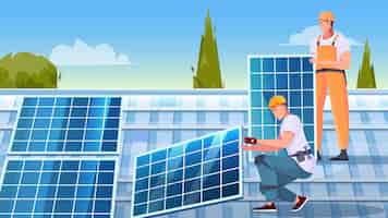 Vetor grátis composição plana de instalação de painéis solares com dois personagens masculinos trabalhando na ilustração do topo do telhado