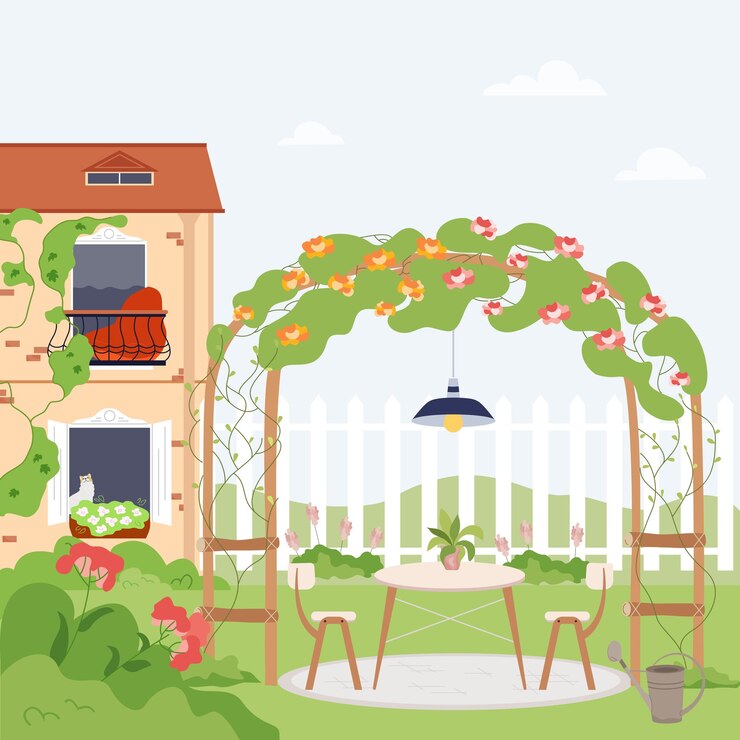 Vetor grátis composição plana de jardinagem em casa com cenário ao ar livre do quintal da casa com flores de estufa e ilustração vetorial de ervas daninhas