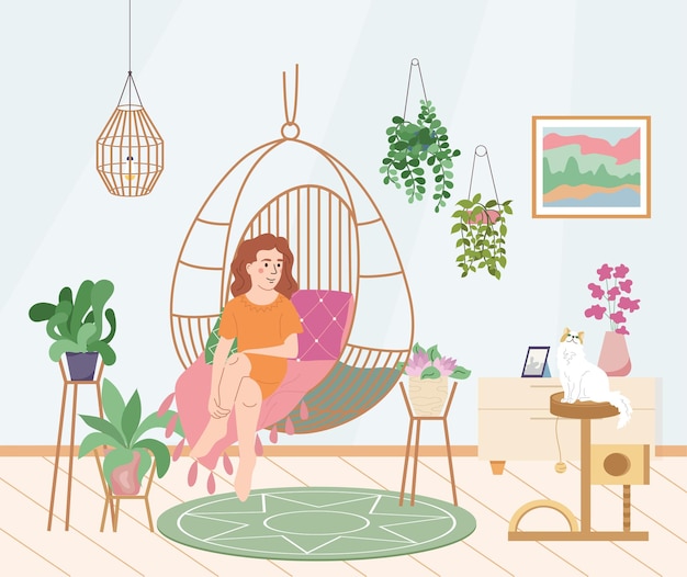 Vetor grátis composição plana de jardinagem em casa com cenário interior interior com mulher em cadeira de rede cercada por ilustração vetorial de plantas