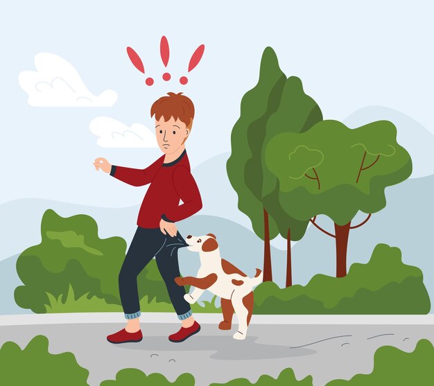 Composição plana de lesões domésticas com paisagem ao ar livre e personagem de rabisco de menino sendo mordido por ilustração vetorial de cachorro