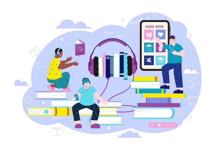 Vetor grátis composição plana de livros de áudio com jovens ouvindo audiolivros digitais e ilustração vetorial de podcasts