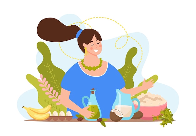 Vetor grátis composição plana de macronutrientes com mulher cozinhando pratos com leite de óleo de ovos de banana e coco com ilustração vetorial de mingau