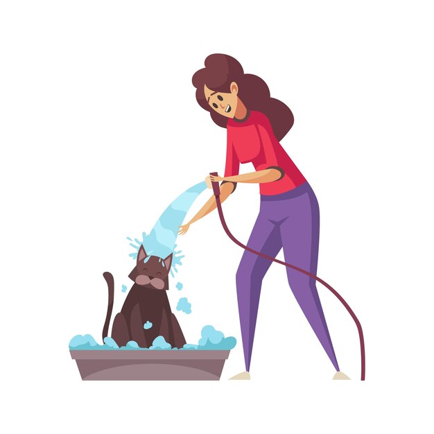 Composição plana de preparação com mulher derramando água em sua ilustração vetorial de gato