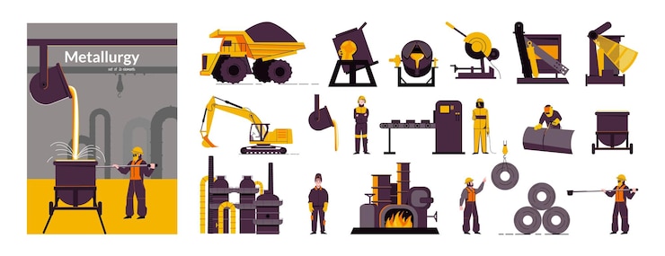 Vetor grátis composição plana de produção metalúrgica com vista industrial e conjunto de ícones isolados com ilustração vetorial de máquinas e trabalhadores