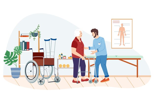 Composição plana de reabilitação de terapia ortopédica com mulheres idosas recebendo assistência de médico com ilustração vetorial de cenário de sala de tratamento