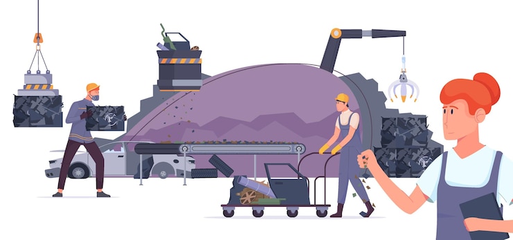 Vetor grátis composição plana de reciclagem de metal com visão isolada do local de despejo com trabalhadores e ilustração do vetor de aparelhos elétricos de despejo
