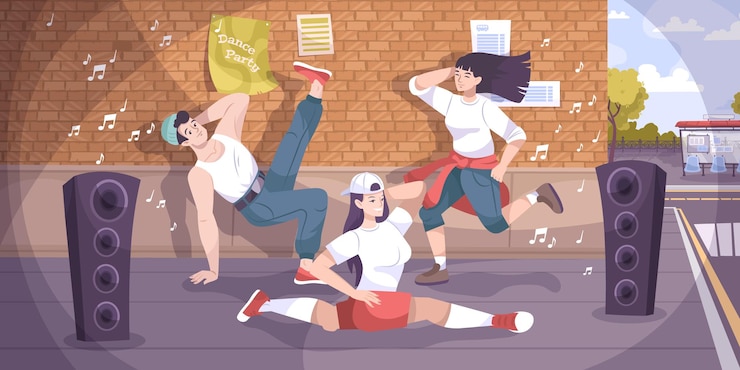 Vetor grátis composição plana de rua dançarina com cenário de rua secundária e grupo de jovens dançarinos de breakbeat com ilustração de alto-falantes altos