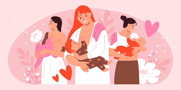 Composição plana e colorida do bebê da mãe, diferentes mulheres amamentam seus filhos pequenos ilustração vetorial