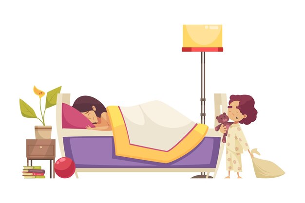 Composição plana para a hora de dormir com uma mulher na cama e uma criança bocejando
