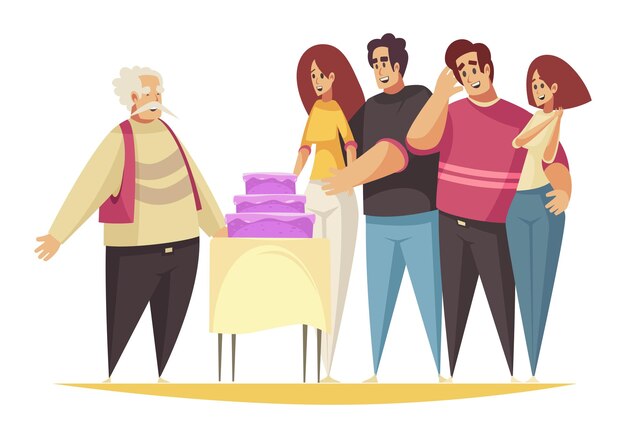 Vetor grátis composição presente de presente com grupo de parentes apresentando bolo de cor violeta para ilustração vetorial de homem idoso feliz