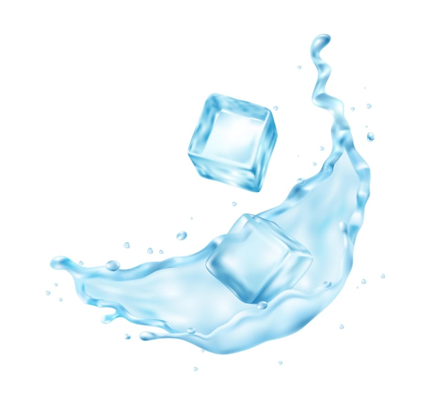 Composição realista com imagens de respingos de água com cubos de gelo na ilustração vetorial de fundo em branco