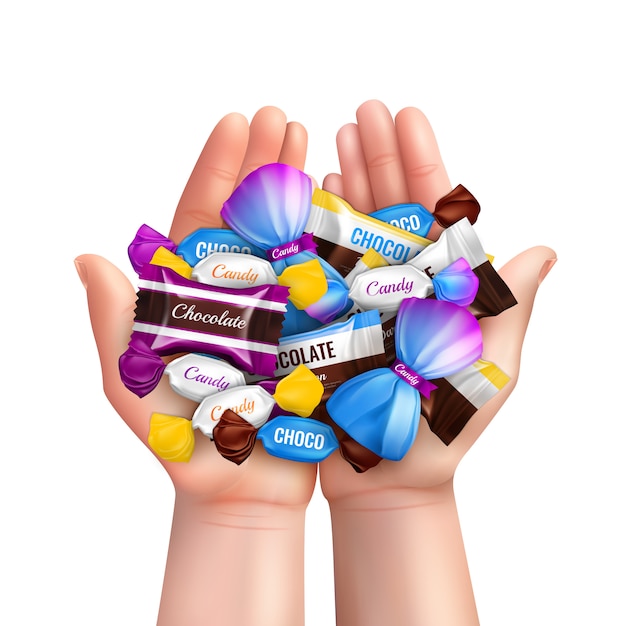 Composição realista com pilha de vários bombons de chocolate na ilustração de mãos de criança