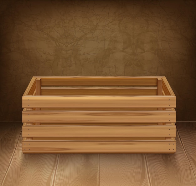 Composição realista de caixas de madeira com cenário interno e caixa feita de paletes de madeira em pé na ilustração vetorial de parede