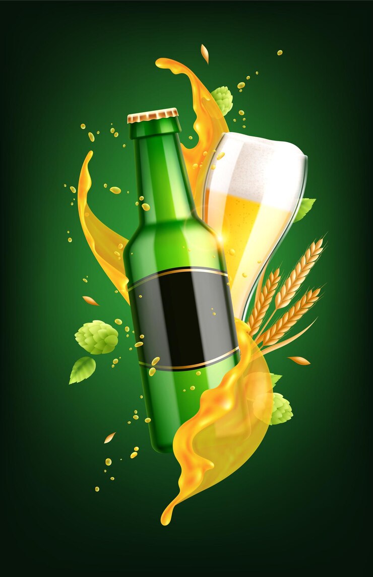 Vetor grátis composição realista de cerveja de vidro e garrafa com rótulo vazio e respingos de líquido