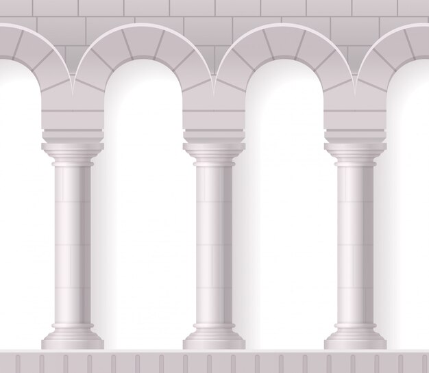 Composição realista de colunas brancas antigas com formas arquitetônicas clássicas e textura de tijolos em branco