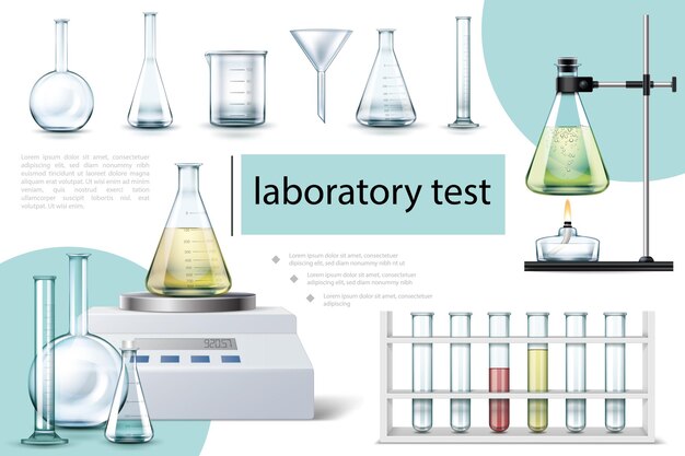 Composição realista de ferramentas de laboratório com tubos e frascos de diferentes formas taças balanças eletrônicas queimador de álcool