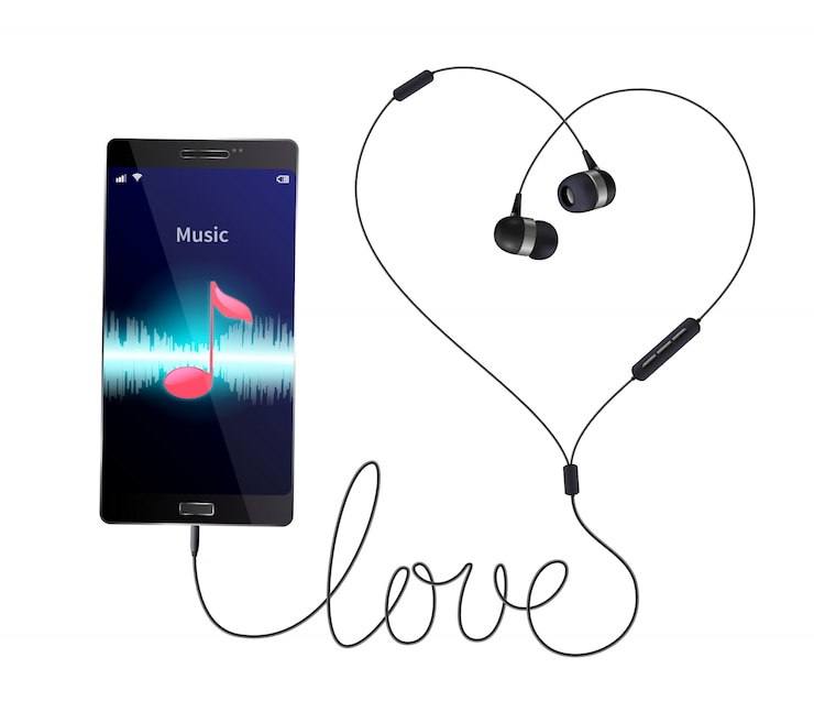 Vetor grátis composição realista de fones de ouvido fones de ouvido com fones de ouvido com fio conectados ao smartphone com ilustração de aplicativo de leitor de música