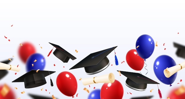 Vetor grátis composição realista de graduação com confeti caindo e bolhas de ar voando com chapéus acadêmicos e rolos de diploma ilustração vetorial
