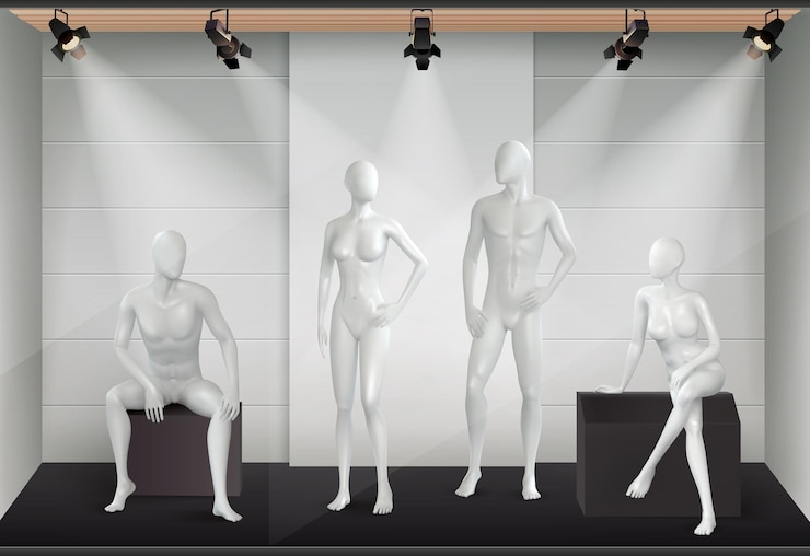 Vetor grátis composição realista de manequins com vista da vitrine da loja com equipamentos leves e modelos de corpo humano envidraçados