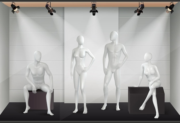 Composição realista de manequins com vista da vitrine da loja com equipamentos leves e modelos de corpo humano envidraçados
