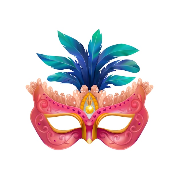 Vetor grátis composição realista de máscara carvinal com ilustração isolada de máscara de baile de máscaras com penas azuis e corpo roxo
