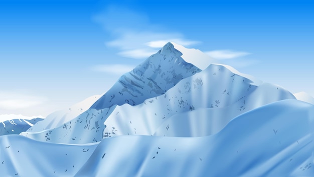 Composição realista de montanhas com paisagem horizontal e falésias cobertas de neve com céu azul e ilustração de nuvens