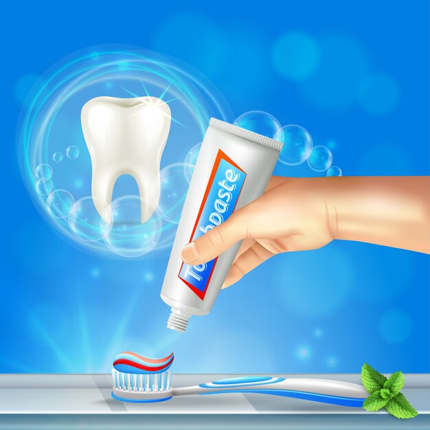 Composição realista de odontologia preventiva de cuidados bucais com dente brilhante e mão apertando creme dental na escova de dentes