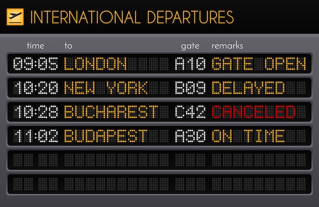 Vetor grátis composição realista de placa de aeroporto eletrônico com partidas internacionais vezes portões e observações descrições ilustração