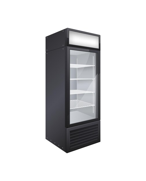 Composição realista de refrigerador de bebida de porta de vidro comercial com imagem isolada de refrigerador de loja