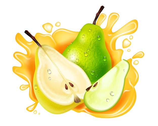 Composição realista de respingos de pêra três peras inteiras metade e quarto e rajadas de suco em torno da ilustração vetorial