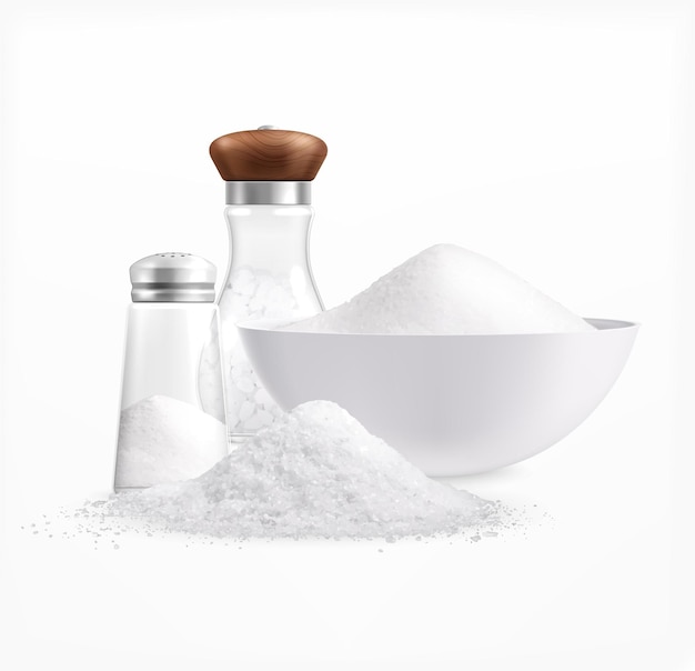 Vetor grátis composição realista de sal marinho com pilhas de sal branco em pratos e potes de vidro com ilustração de tampas