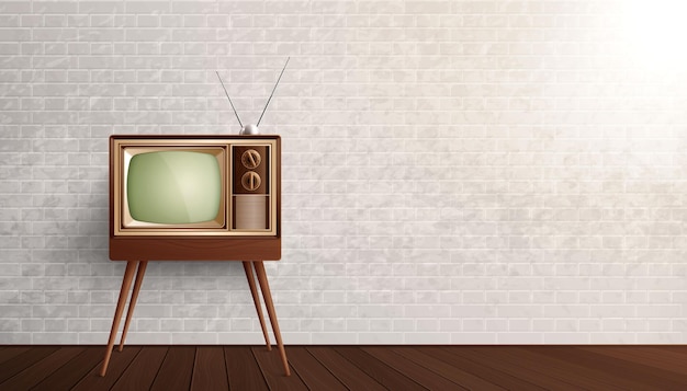 Vetor grátis composição realista de televisão antiga retrô com vista interna da sala com parede de tijolos e ilustração vetorial de televisão