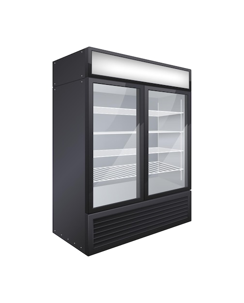Composição realista do refrigerador de bebidas com porta de vidro comercial com imagem isolada de refrigerador de loja de porta dupla