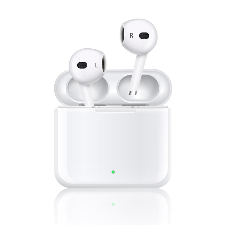 Vetor grátis composição realista sem fio de fones de ouvido com imagem isolada de telefones com estação de dock de banco de potência com ilustração vetorial de reflexões