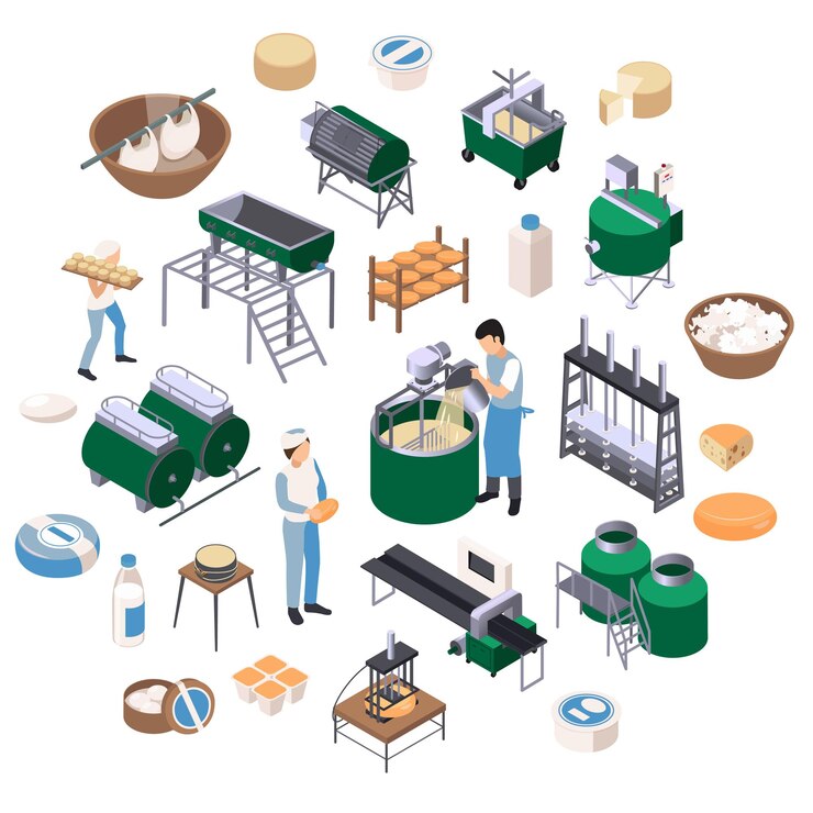 Vetor grátis composição redonda de recoloração isométrica de produção de laticínios com ícones isolados de instalações industriais e ilustração vetorial de produtos lácteos prontos