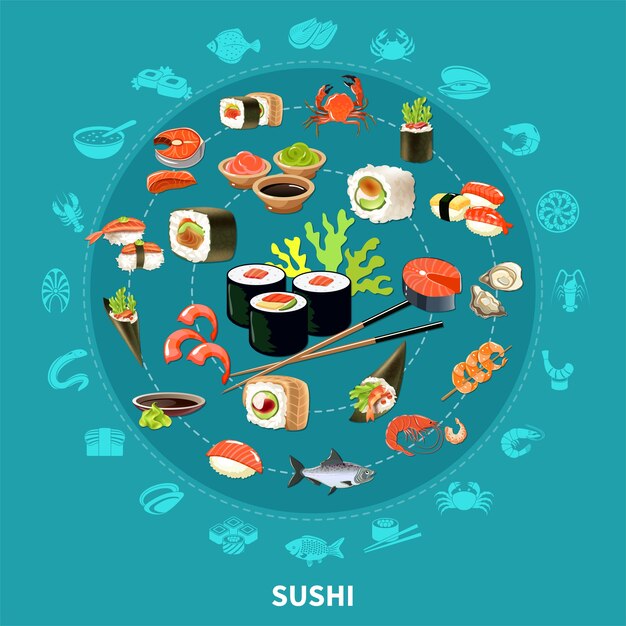 Composição redonda de sushi com conjunto de ícones planos combinados em um grande círculo colorido e ilustração isolada