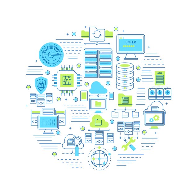 Composição redonda do datacenter com equipamentos de servidor e sistema de segurança, tecnologia de internet e serviço de nuvem