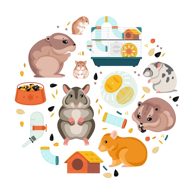 Vetor grátis composição redonda plana de hamster com comida de animais fofos e gaiola com roda e ilustração vetorial de desenho de bebedor automático