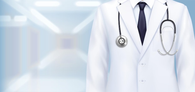 Composição uniforme de médico com uma visão realista em close do vestido branco de médicos com estetoscópio e ilustração de gravata