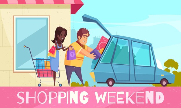 Vetor grátis composição viciada em compras com casal de estilo texto e desenho animado, colocando caixas de mercadorias coloridas no carro