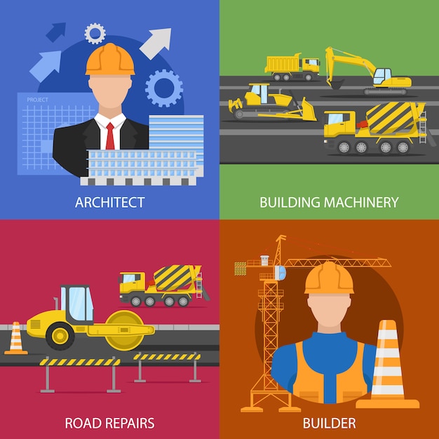Composições da indústria da construção civil com projeto arquitetônico trabalhador de reparos de estradas de máquinas isoladas