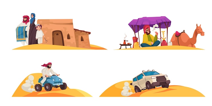 Vetor grátis composições de desenhos animados do deserto árabe com pessoas em roupas tradicionais em ilustração vetorial isolada de areias