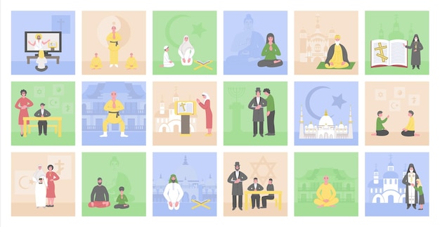 Composições de religiões do mundo com composições quadradas planas de personagens humanos templos igrejas e símbolos religiosos ilustração vetorial