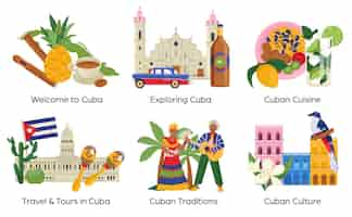 Vetor grátis composições de viagens a cuba com elementos de culinária, cultura e tradição isolados ilustração vetorial plana