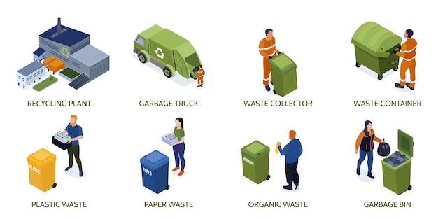 Composições isométricas de reciclagem definidas com vistas isoladas da construção de plantas e pessoas separando e coletando ilustração vetorial de lixo